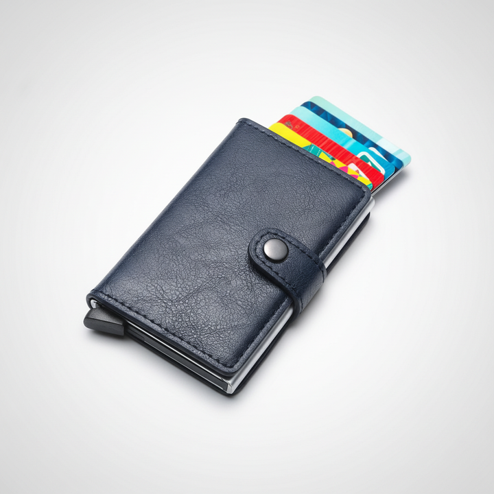 Men's secure aluminum RFID wallet. A minimalist card holder designed for everyday protection & slim carry.