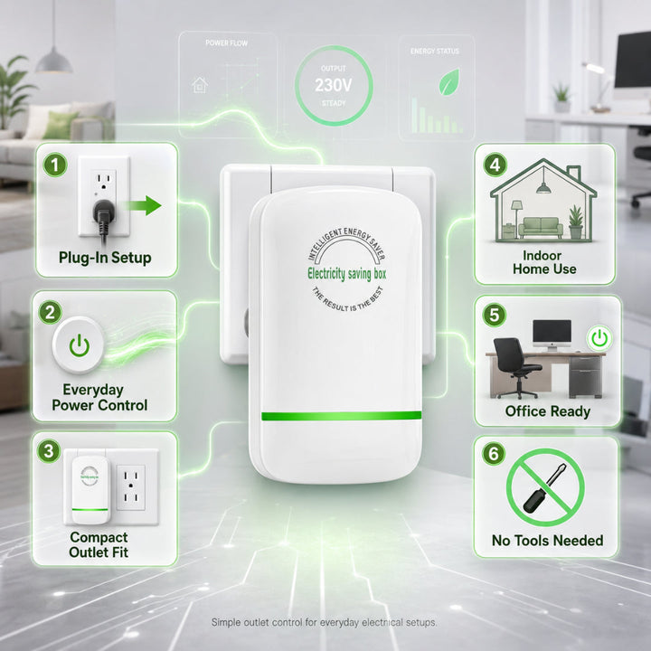 Easy-to-use universal power saver outlet plug. Helps manage household electricity & save energy.
