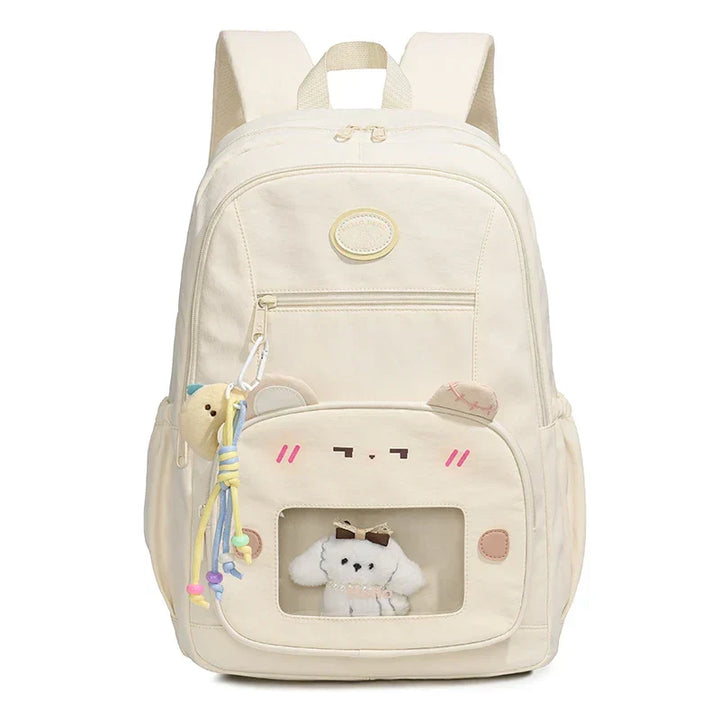 Practical unisex preppy school backpack with clear display for pins, a stylish & functional student travel bag.