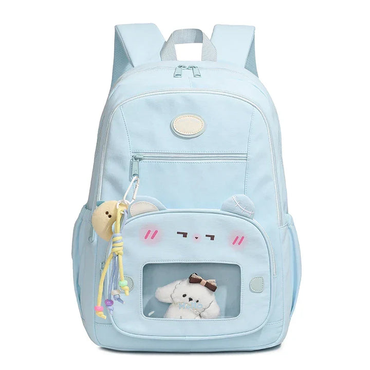 Personalizable preppy school backpack with clear display window, ideal for students to express their individuality.