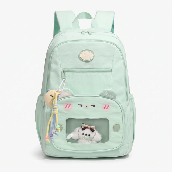 Customizable preppy school backpack with clear window, perfect for displaying pins, keychains & photos.