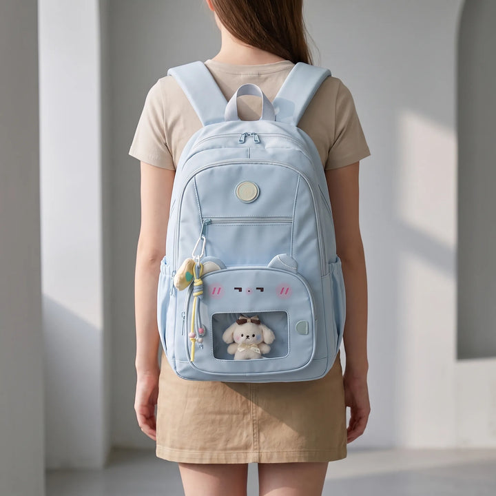 Preppy nylon school backpack with clear display window, great for students to carry books & supplies in style.