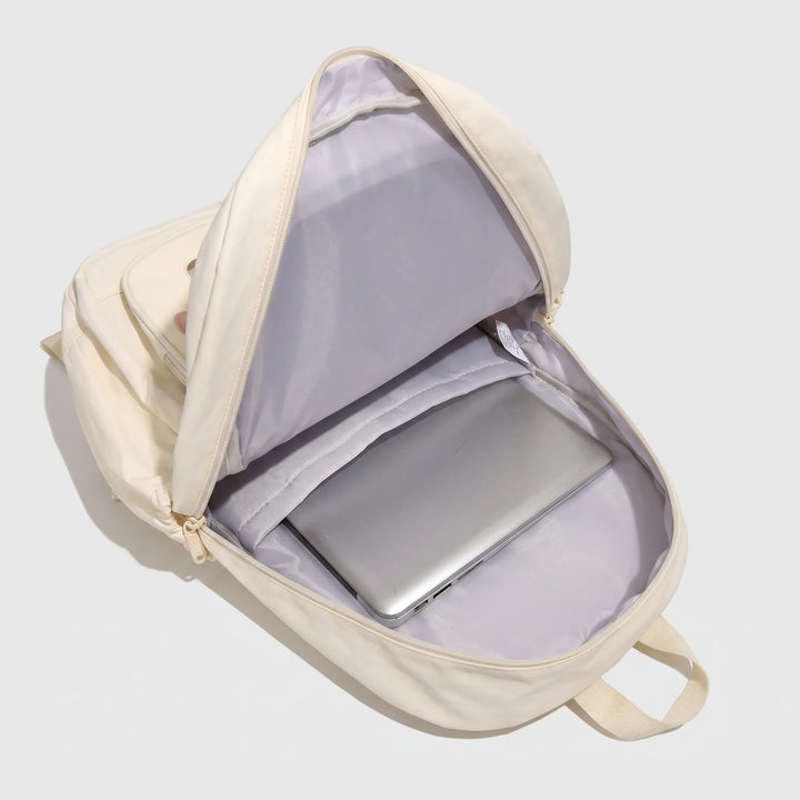 Durable nylon preppy school backpack with unique clear display window, suitable for everyday student use.