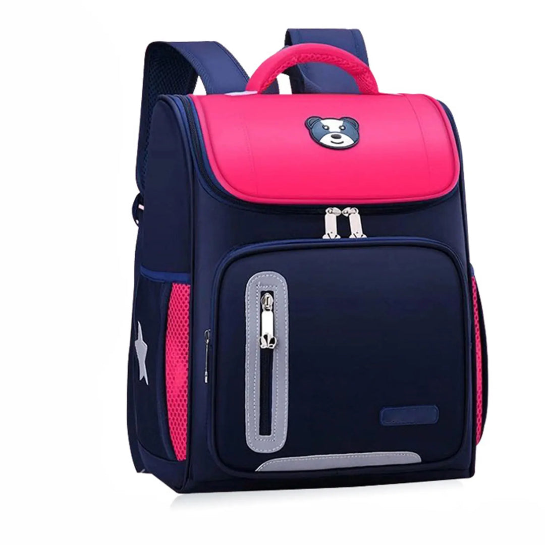 Child wearing a durable blue primary school backpack with bear motif; comfort fit for active boys & girls.
