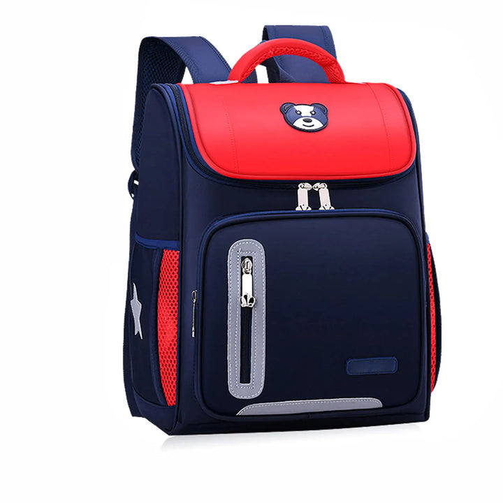 Reflective kids' primary school backpack with bear design, enhancing safety for primary boys & girls.