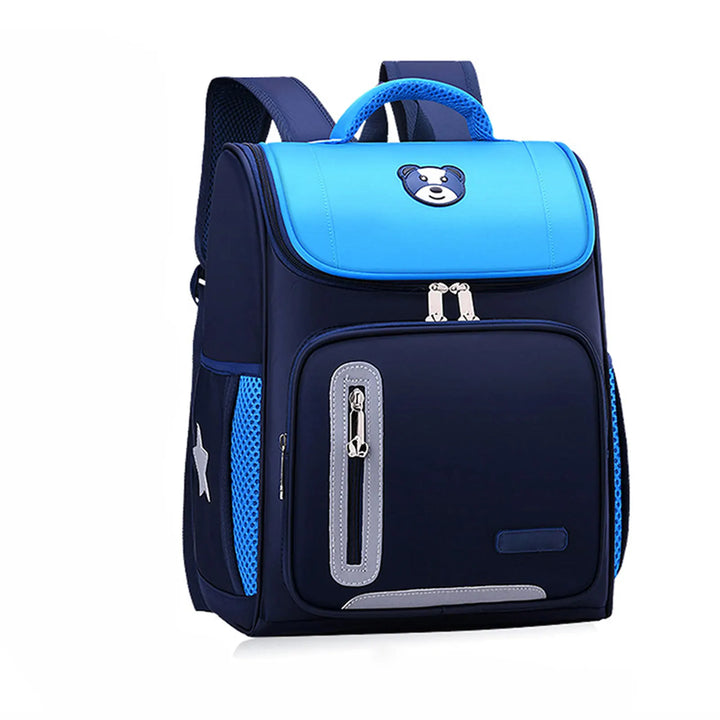 Vibrant blue primary school backpack, bear motif, ideal for children's daily school adventures; comfort fit.