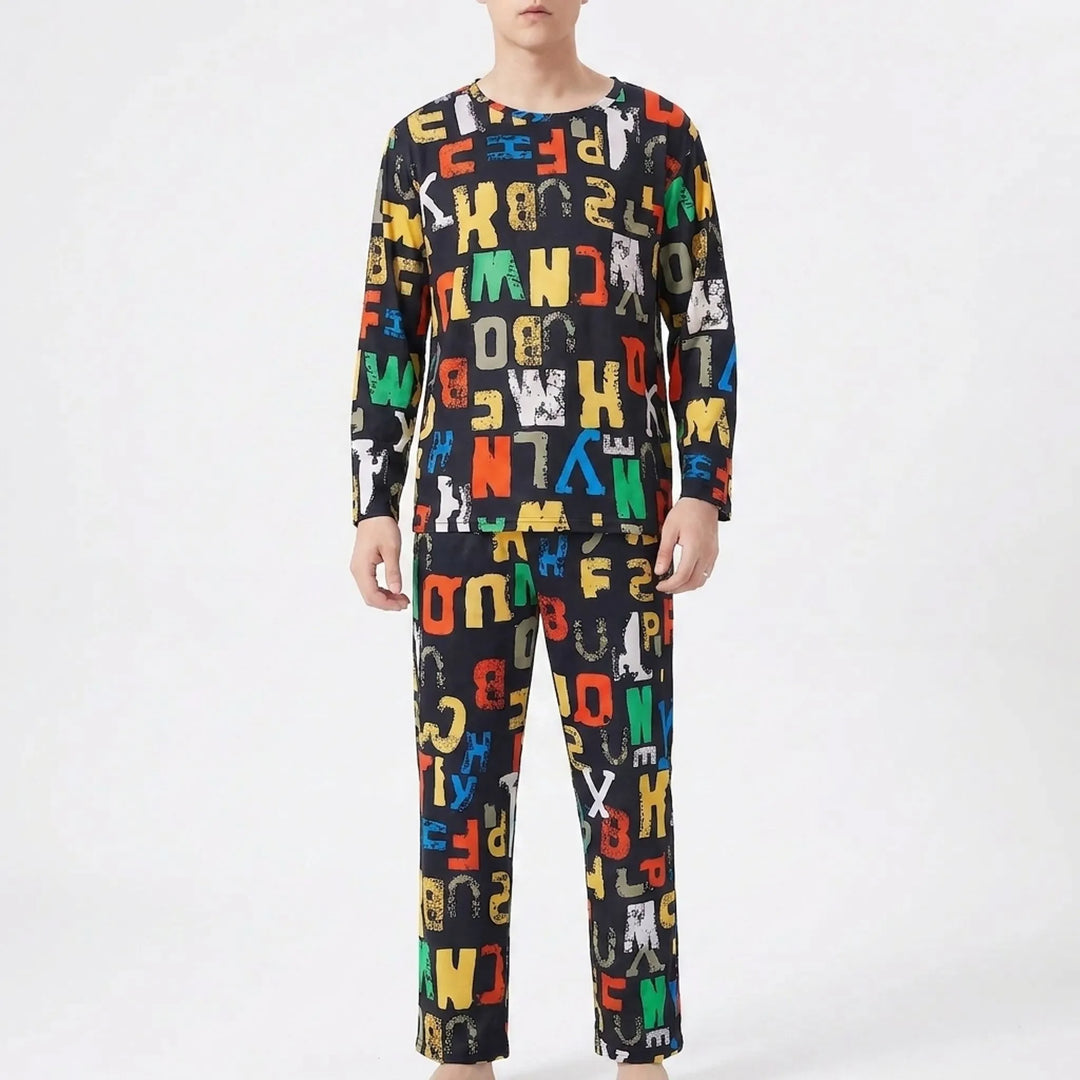 Close-up of soft fabric on men's printed long sleeve pyjama set, highlighting the graphic design.