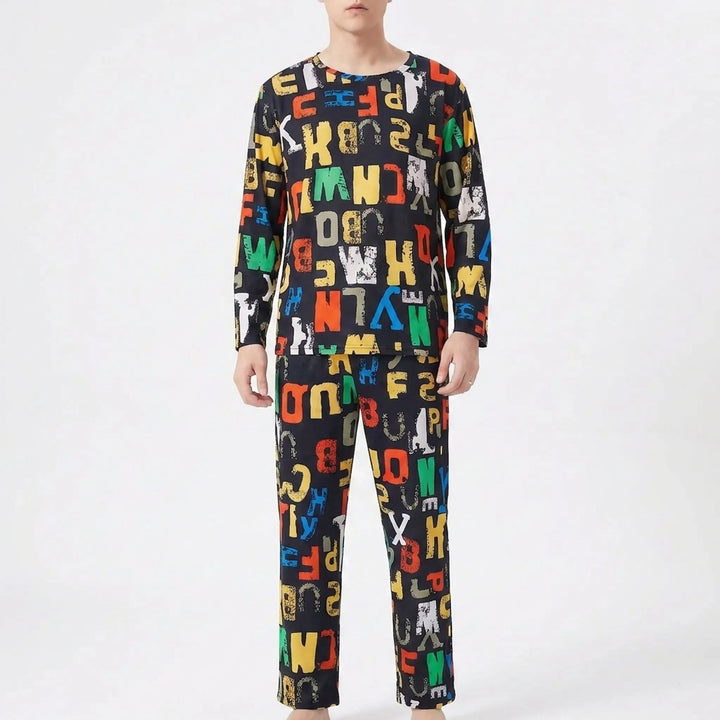 Close-up of soft fabric on men's printed long sleeve pyjama set, highlighting the graphic design.