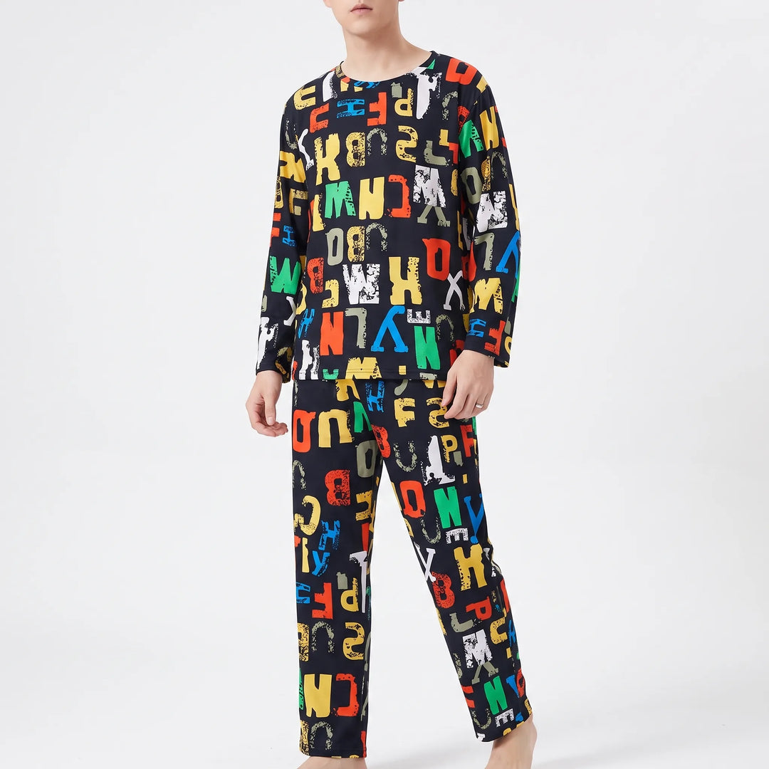 Comfortable men's long sleeve pyjamas with a unique graphic print, ideal for lounging and sleeping.