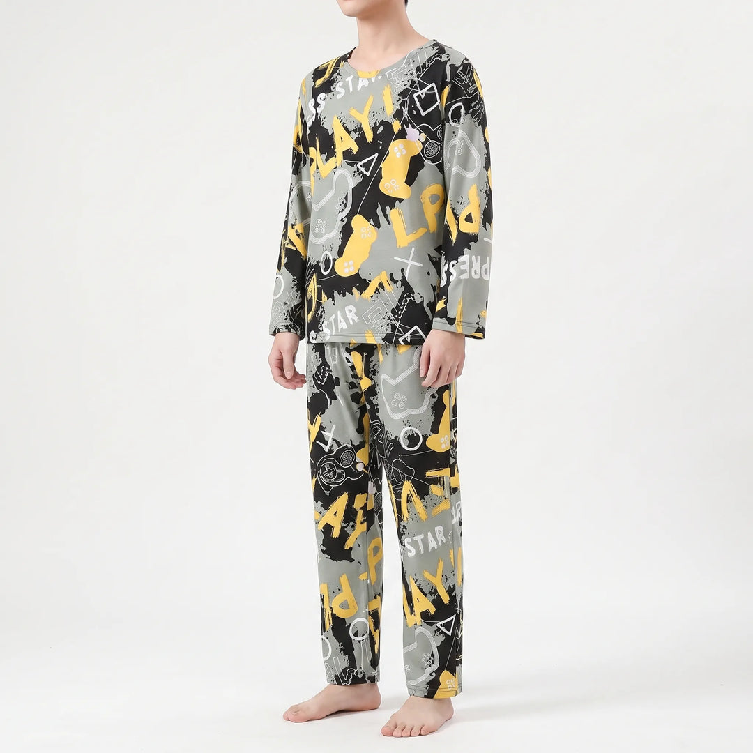 Men's sleepwear: a soft long sleeve printed top paired with matching relaxed fit pyjama trousers.