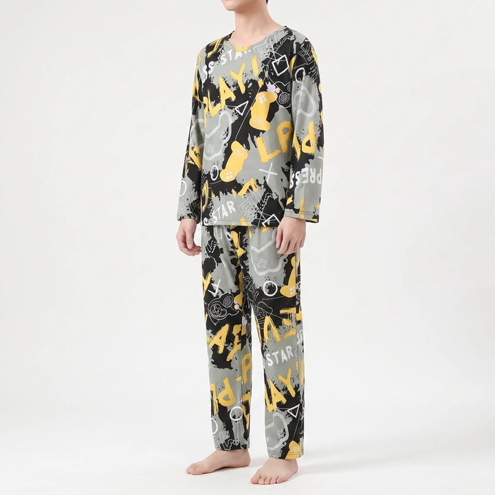 Men's sleepwear: a soft long sleeve printed top paired with matching relaxed fit pyjama trousers.