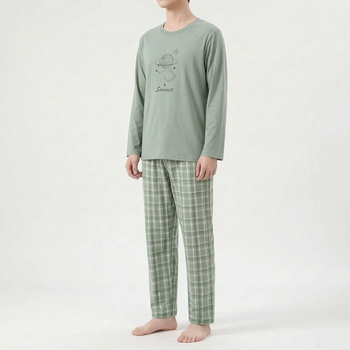 Elegant men's two-piece printed pyjama set. Long sleeve comfort sleepwear with a modern design.