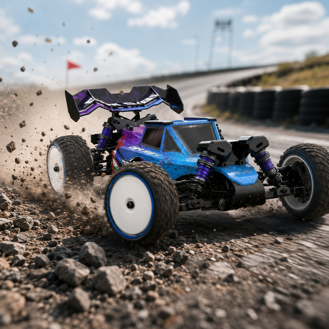 High-speed 4WD RC off-road racing truck with remote control, perfect for outdoor adventure and hobby enthusiasts.