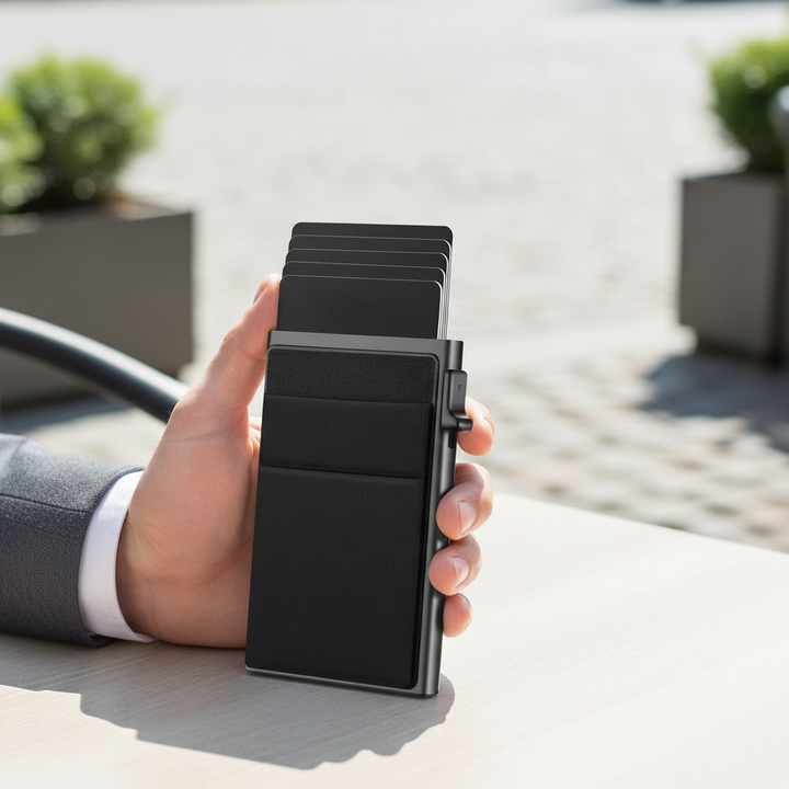 Men's slim RFID blocking wallet, secure card holder, minimalist design, black finish for everyday carry.