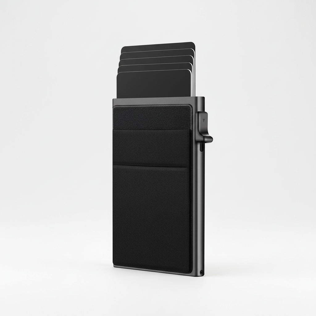 Black slim RFID card wallet for men, secure and compact card holder, perfect minimalist gift.