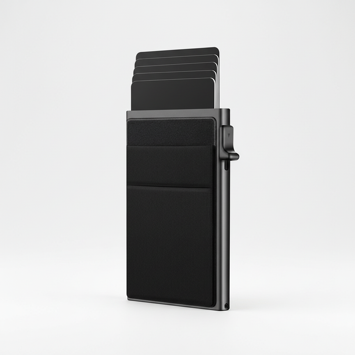 Black slim RFID card wallet for men, secure and compact card holder, perfect minimalist gift.