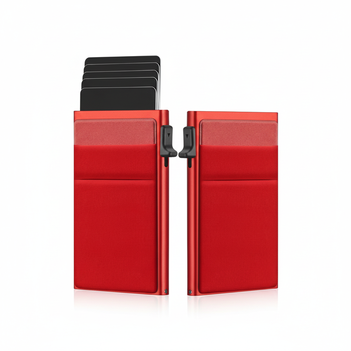 Modern mens slim wallet with RFID protection, compact card case for secure and easy access to cards.