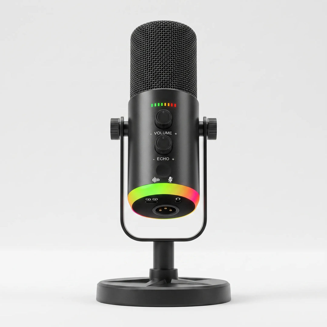 Versatile dynamic USB-C & XLR gaming microphone for clear streaming audio. Desktop design with vibrant RGB lighting.