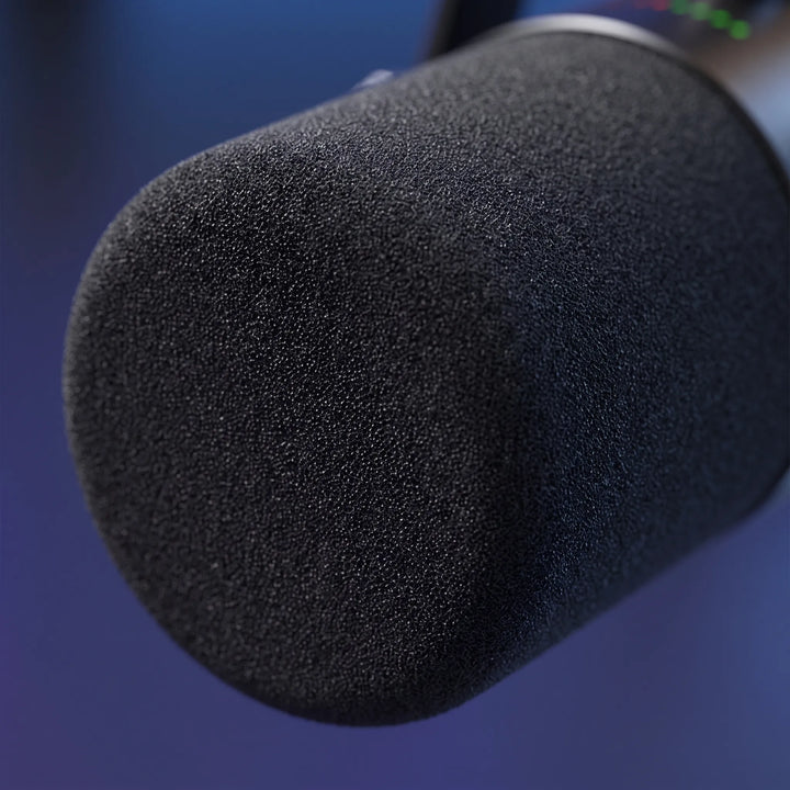 Sleek desktop RGB gaming microphone with dynamic audio capture for streaming. USB-C & XLR ports for versatile setup.