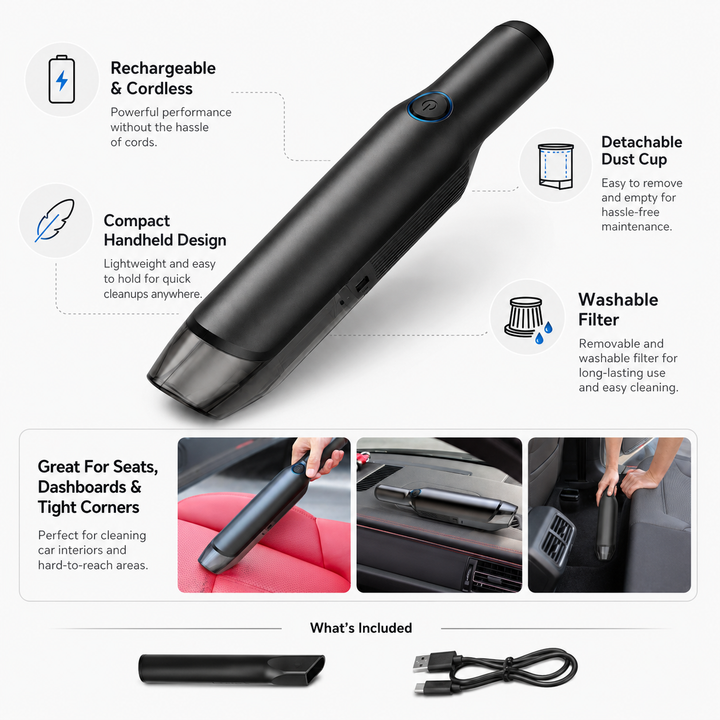 Efficient cordless handheld car vacuum cleaner for vehicle interiors. Rechargeable, compact, ideal for auto detailing.