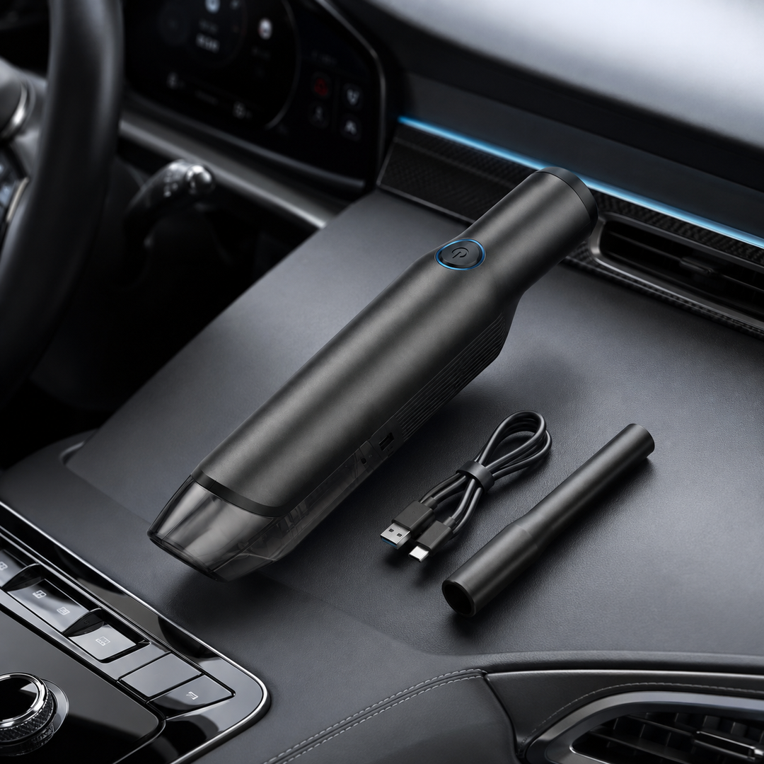 Portable cordless handheld car vacuum cleaner for quick vehicle interior detailing. Rechargeable, compact design.