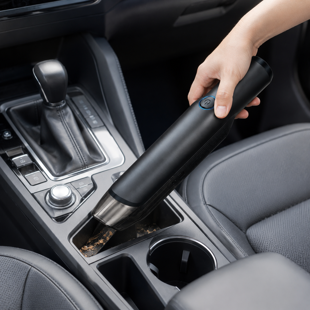 Compact handheld car vacuum cleaner, ideal for auto detailing & quick cleans of vehicle interiors. Cordless, rechargeable.