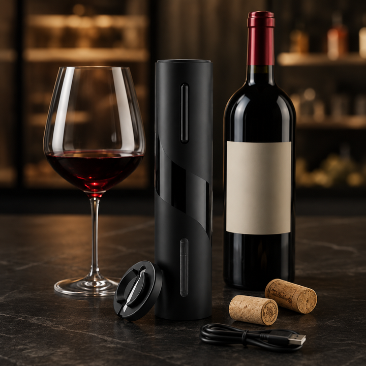 Modern design rechargeable electric wine opener featuring LED indicator & ergonomic grip, a perfect kitchen gadget.