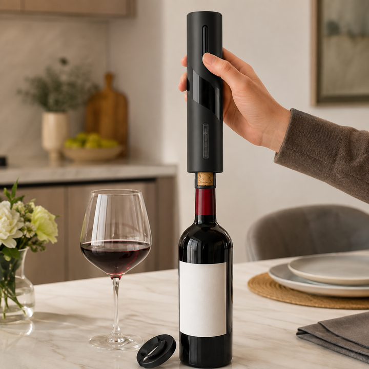 Automatic electric wine opener effortlessly uncorking a wine bottle, showcasing its ease of use & modern design.