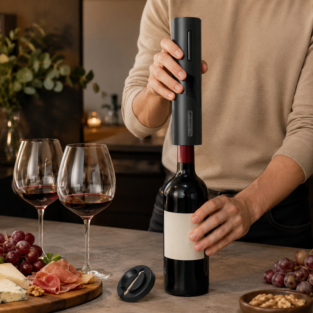 Complete automatic electric wine opener set with rechargeable corkscrew, foil cutter & charger, ideal barware gift.