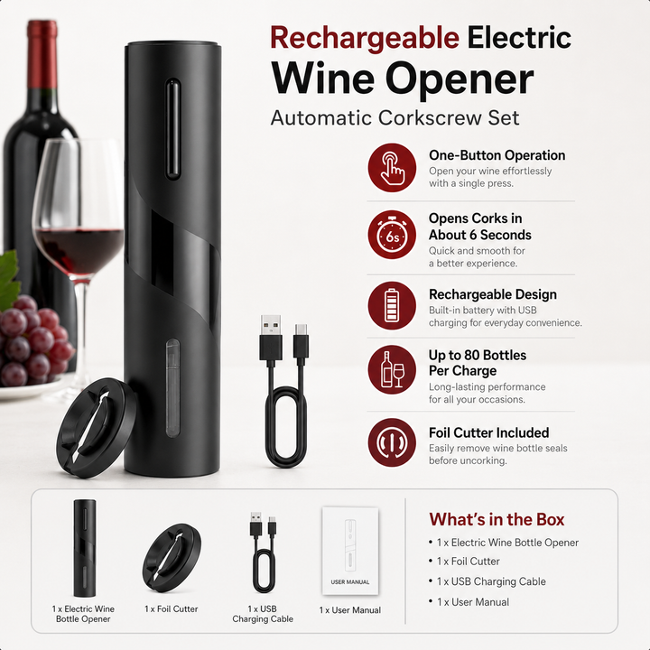 Elegant rechargeable electric wine opener set, a sophisticated automatic corkscrew & perfect gift for any wine lover.