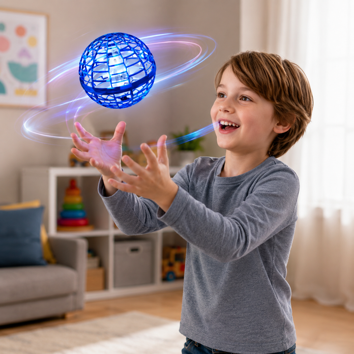 Rechargeable flying ball toy with bright LED lights, perfect for interactive indoor fun for kids & adults.