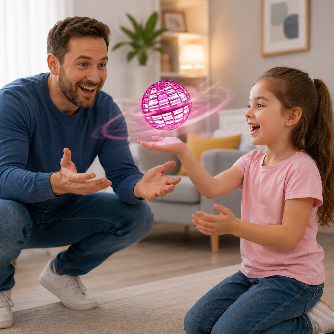 Dynamic shot of a light-up flying ball toy with spinning propellers, showcasing its rechargeable and interactive play.
