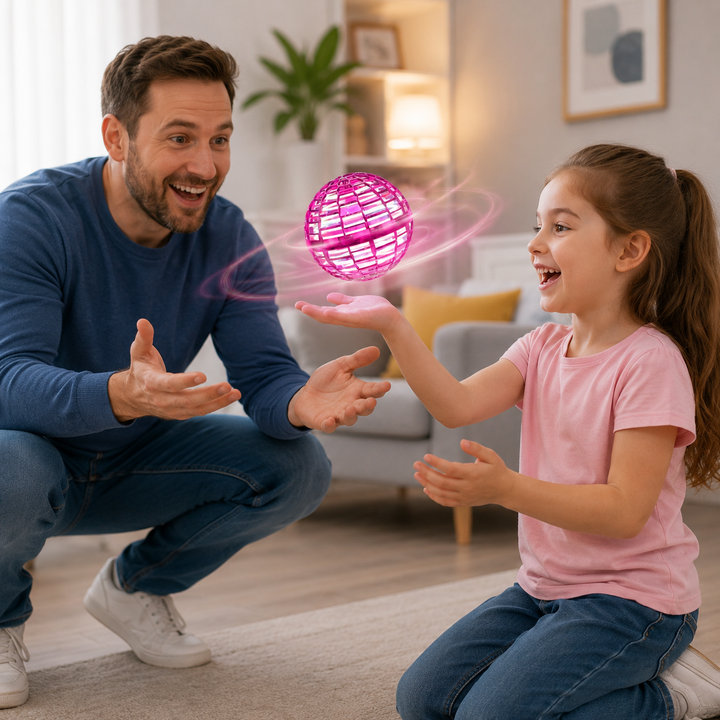 Dynamic shot of a light-up flying ball toy with spinning propellers, showcasing its rechargeable and interactive play.