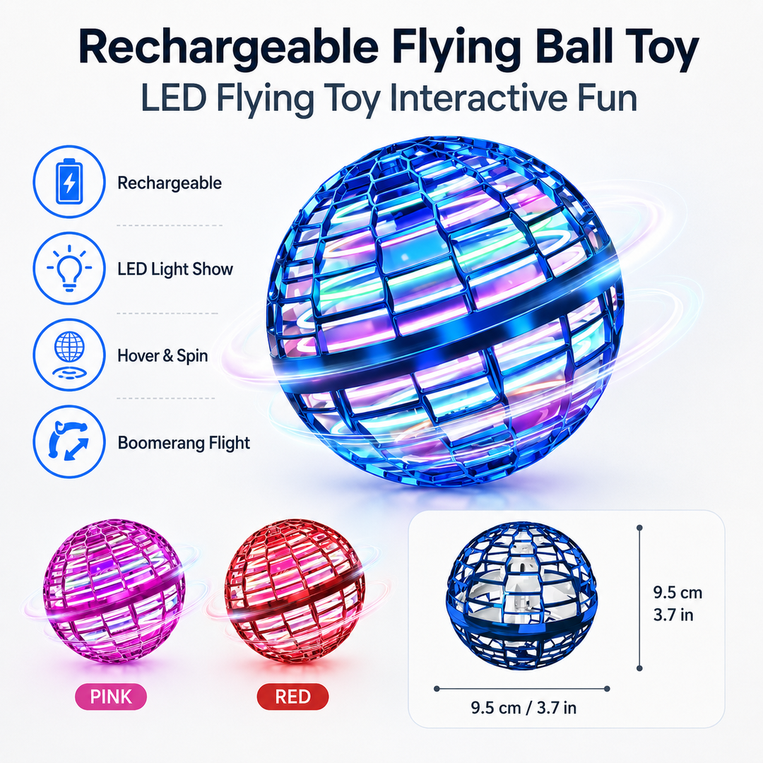 A futuristic LED flying spinner ball toy, rechargeable for hours of captivating indoor play and family entertainment.
