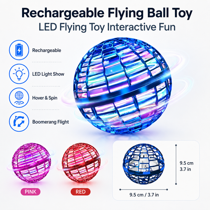A futuristic LED flying spinner ball toy, rechargeable for hours of captivating indoor play and family entertainment.