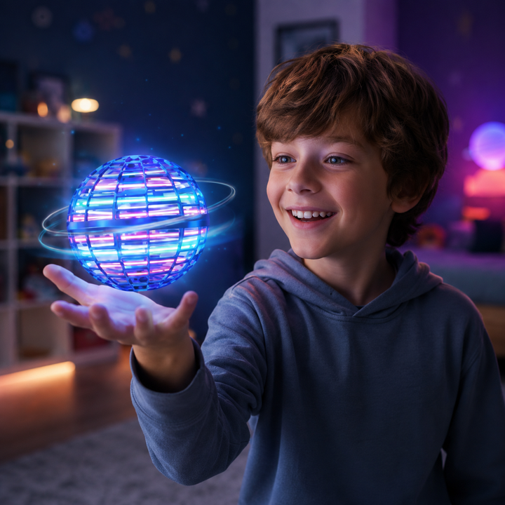 Family laughing while enjoying a colorful LED flying ball, a fun interactive indoor game & rechargeable gift.
