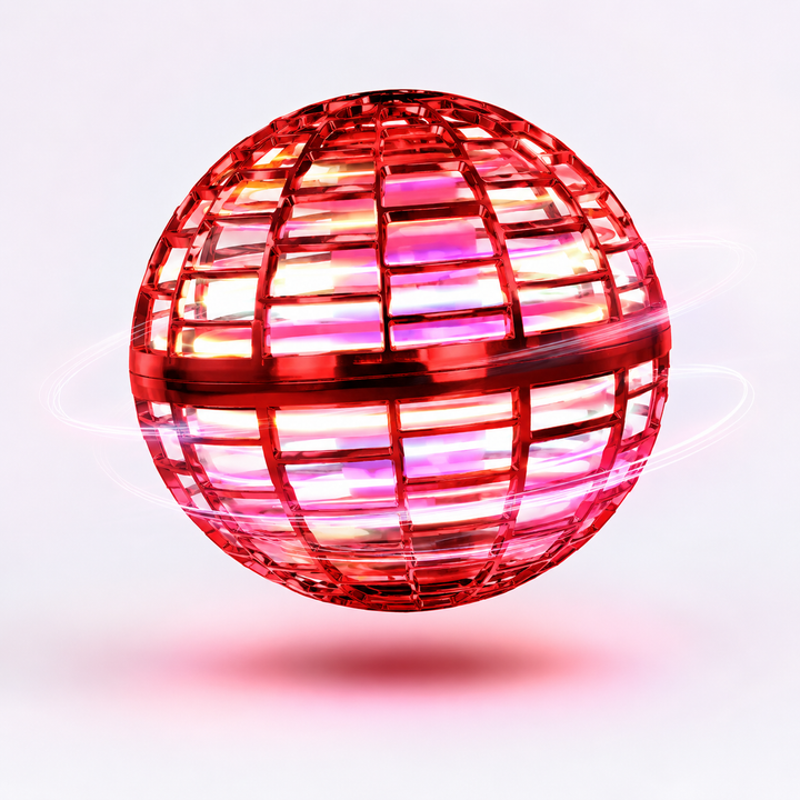 Vibrant LED flying orb toy mid-flight, showcasing its interactive features and rechargeable design for endless fun.