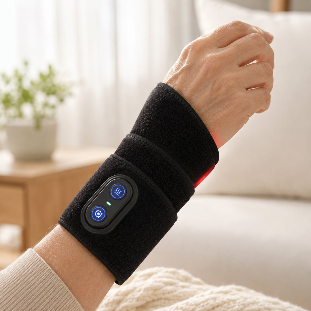 Ergonomic red light heat therapy wrap for chronic wrist pain. Provides soothing relief & speeds up hand recovery.