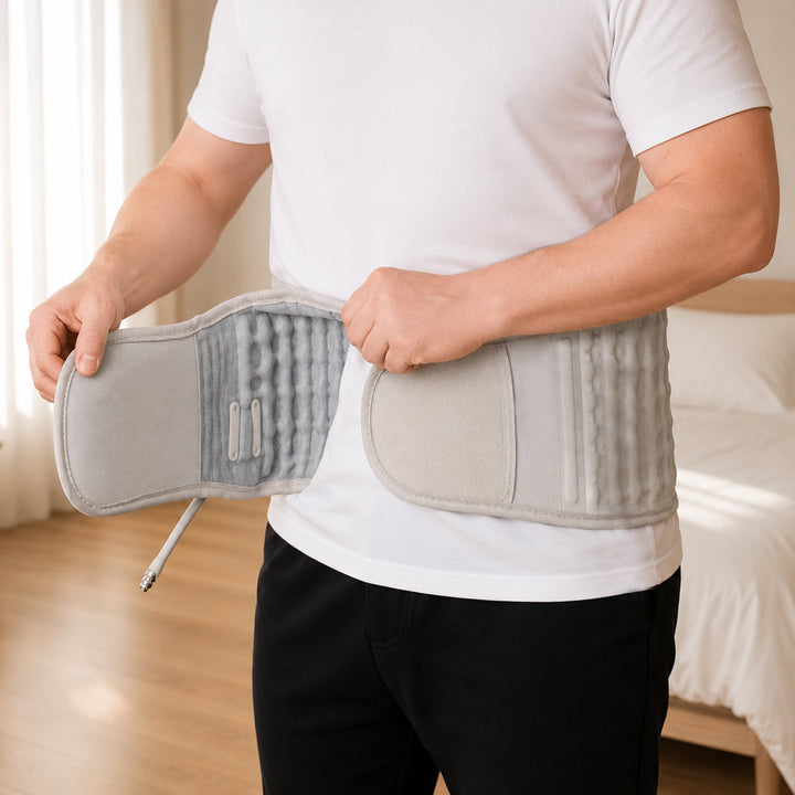 Red light therapy lumbar belt for muscle relaxation & pain management. Provides heat & compression for back relief.