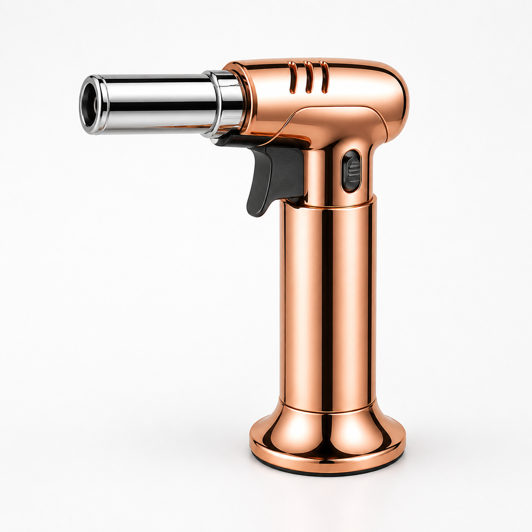 Modern refillable kitchen torch. A versatile butane cooking gadget for baking & precise searing.