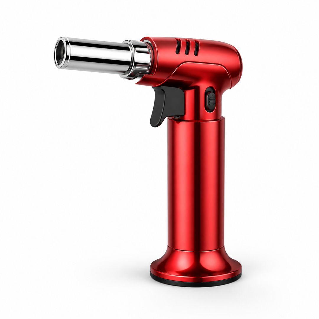 Ergonomic refillable butane kitchen torch, ideal for precise culinary searing & baking tasks.