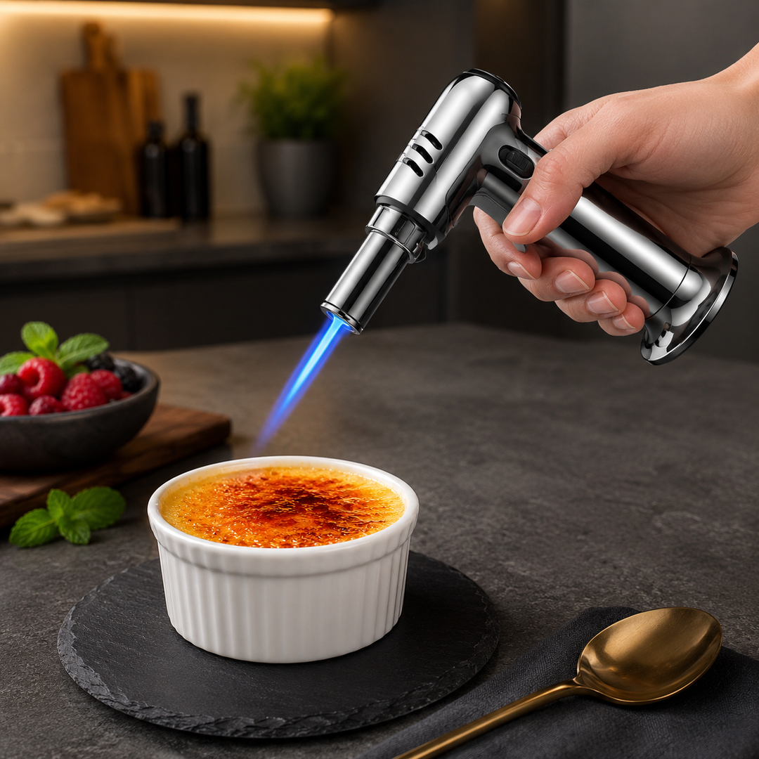 Refillable butane kitchen torch for chef-level culinary precision in searing and caramelizing.