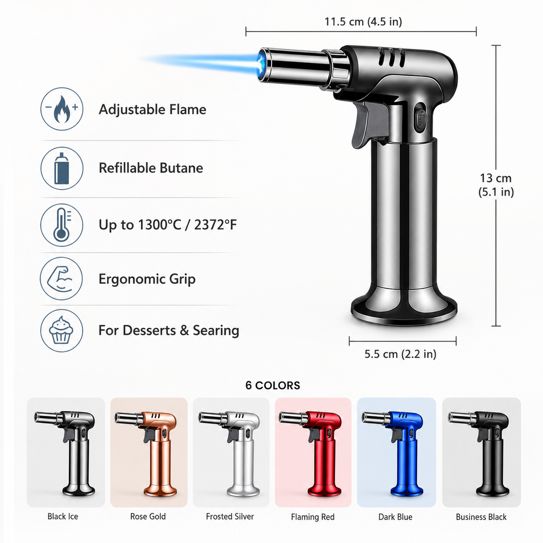 Chef-grade refillable butane kitchen torch. A precise cooking tool for searing meats & caramelizing desserts.