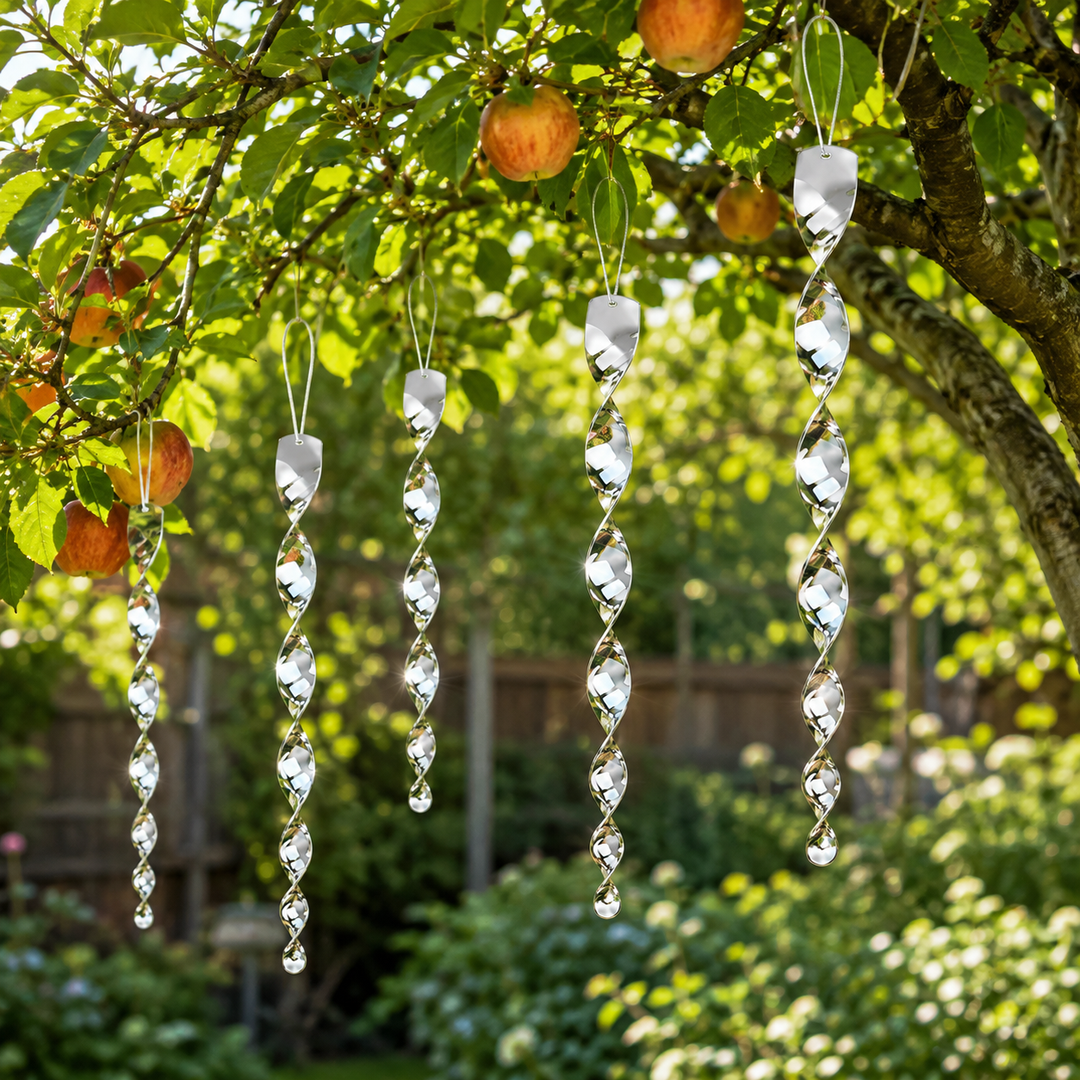 Reflective bird repeller wind spinner rods for garden pest control, deterring birds with light and movement.