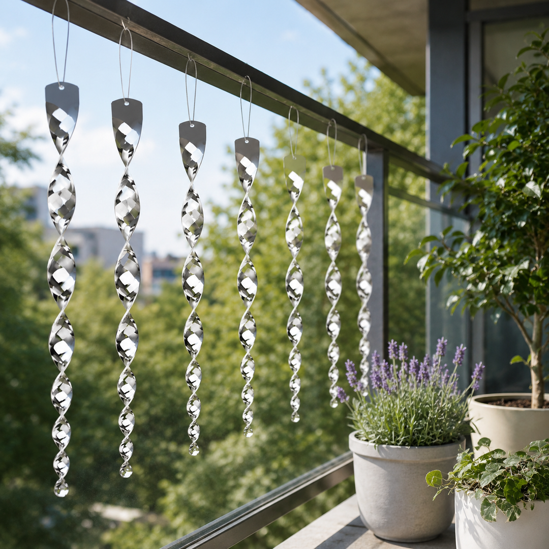 Shiny holographic wind spinner rods, effective garden bird repeller & decorative outdoor pest control solution.