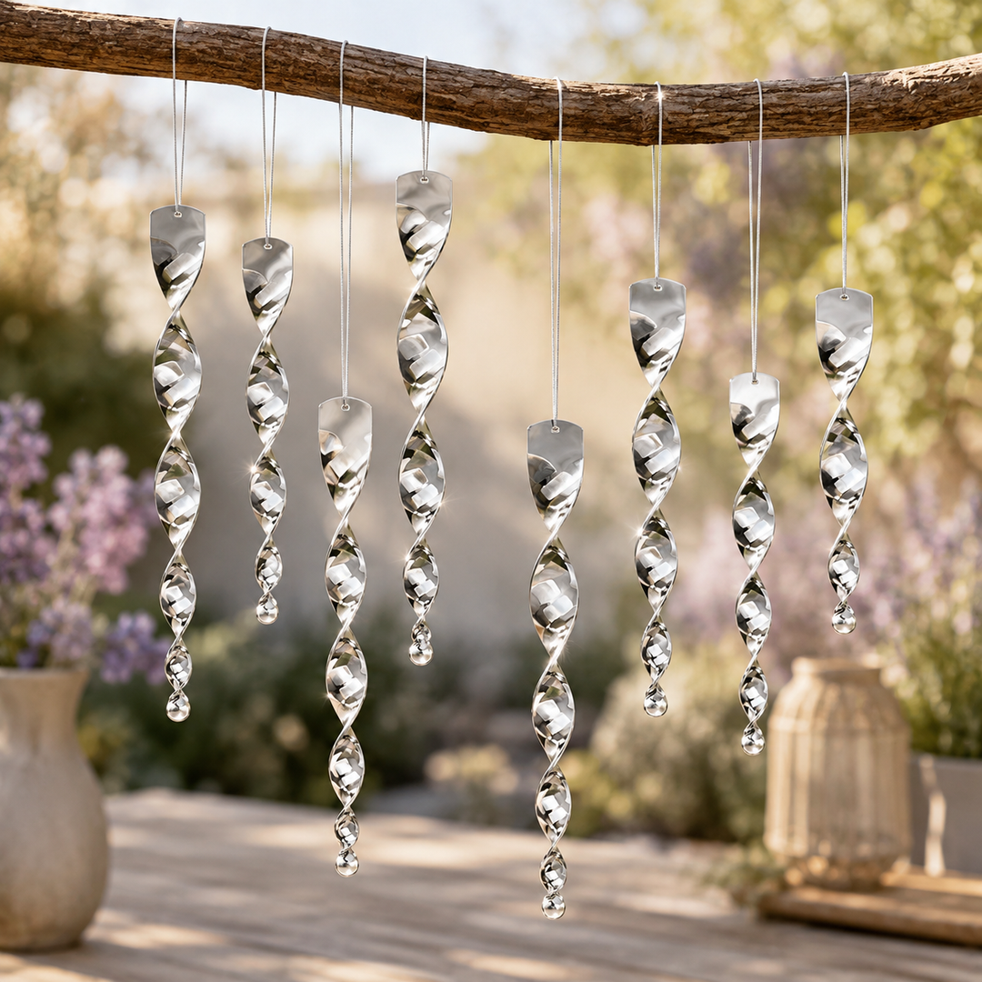 Set of reflective garden bird repeller rods, spinning to create light flashes & deter pests naturally from plants.
