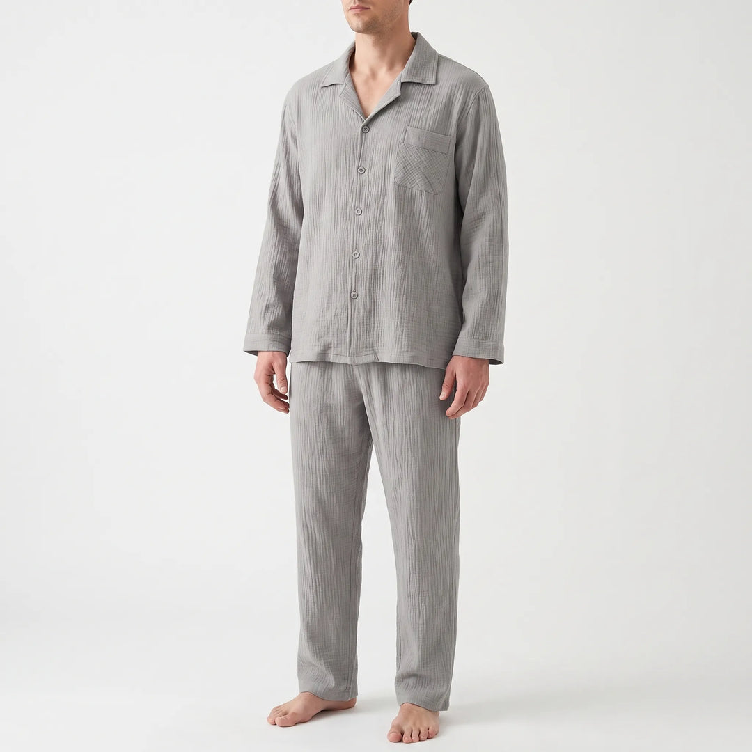 Comfortable men's long sleeve pyjamas for relaxing at home or sleep; a soft loungewear set.