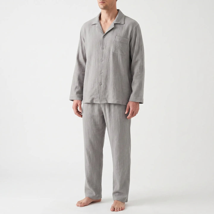 Comfortable men's long sleeve pyjamas for relaxing at home or sleep; a soft loungewear set.