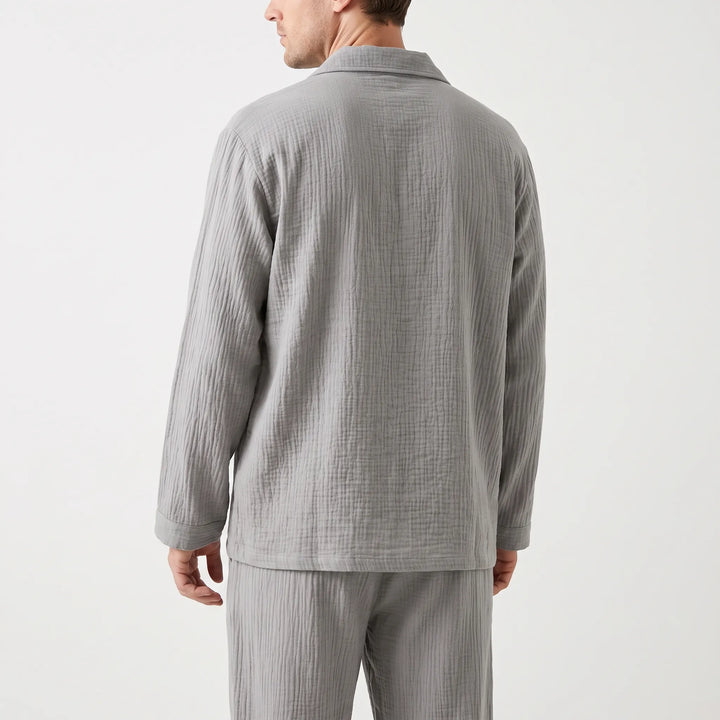 Relaxed fit men's long sleeve sleepwear set, ideal for maximum comfort and casual home wear.