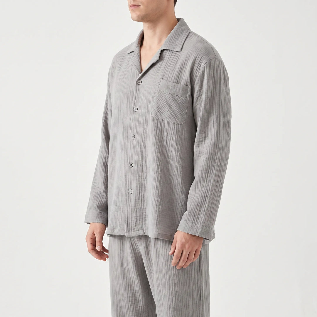 Stylish men's long sleeve pajama set, made for comfortable nightwear and everyday loungewear.